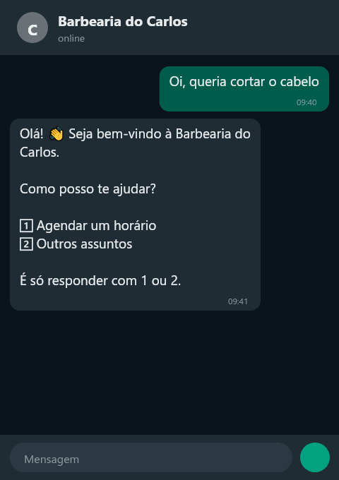 Conversa de WhatsApp: o cliente escolhe serviço, dia e horário e o robô confirma o agendamento